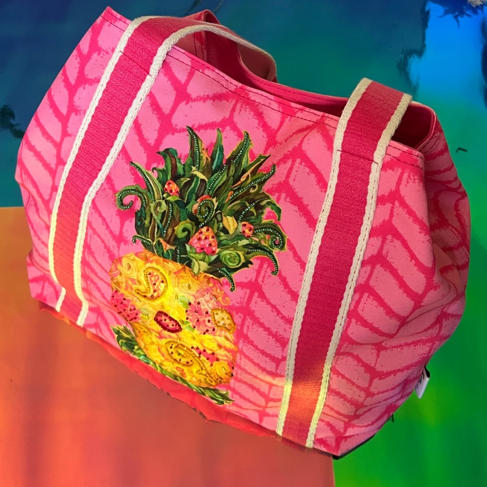 🍍NWT Sun ‘N’ Sand Pineapple with beads hot🔥pink Tote large